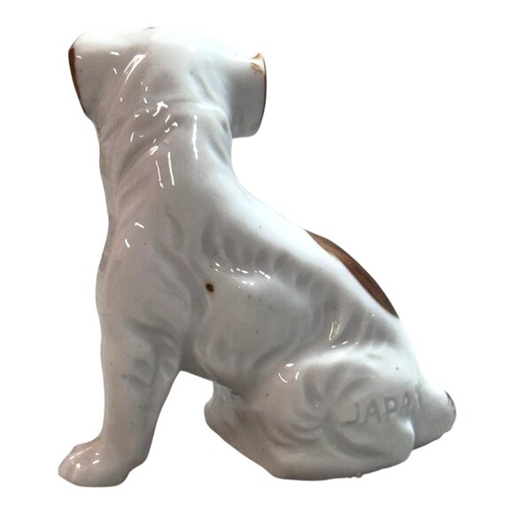 Vintage 1950s Japanese Ceramic Puppy Dog Figurine Brown Spots & Red Collar White - Picture 7 of 10